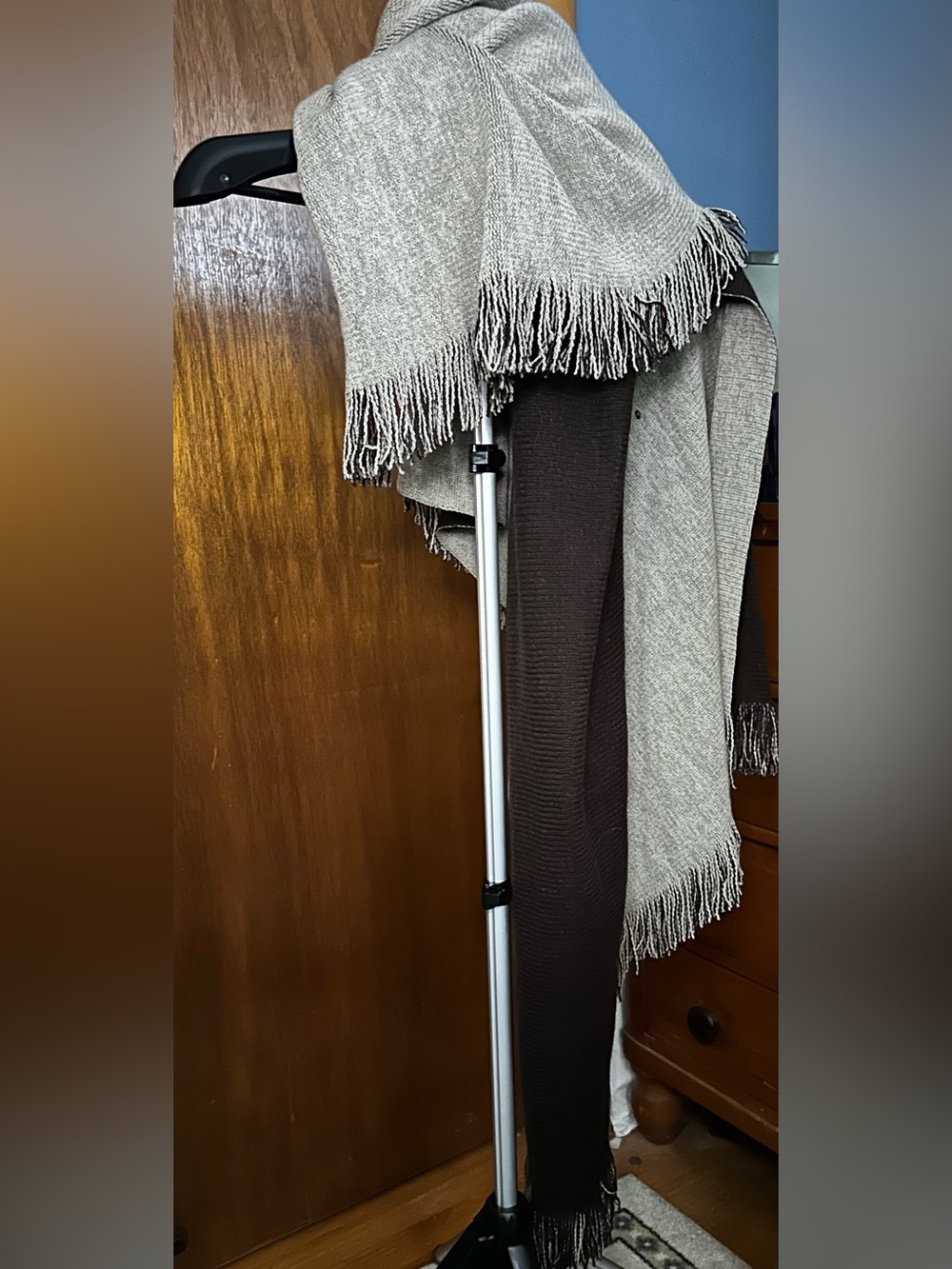 Coldwater Creek Two-Tone Knit Wrap - Charcoal and tan. Reversible.
